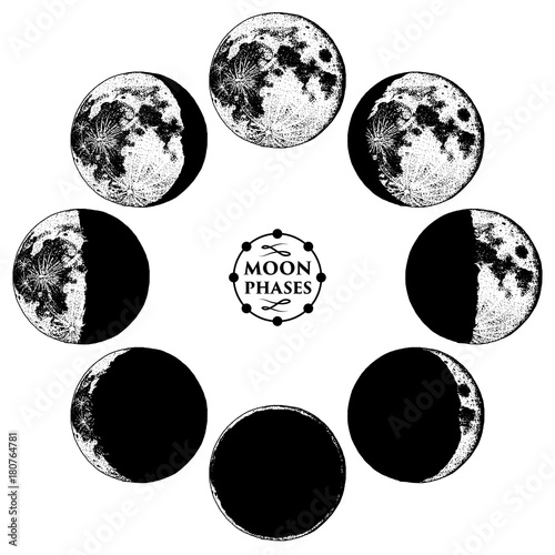Moon phases planets in solar system. astrology or astronomical galaxy space. orbit or circle. engraved hand drawn in old sketch, vintage style for label.