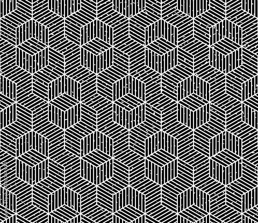 Seamless black and white grunge striped isometric hexagonal op art pattern vector