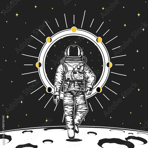 astronaut spaceman. Moon phases planets in solar system. astronomical galaxy space. cosmonaut explore adventure. engraved hand drawn in old sketch, vintage style for label or T-shirt.