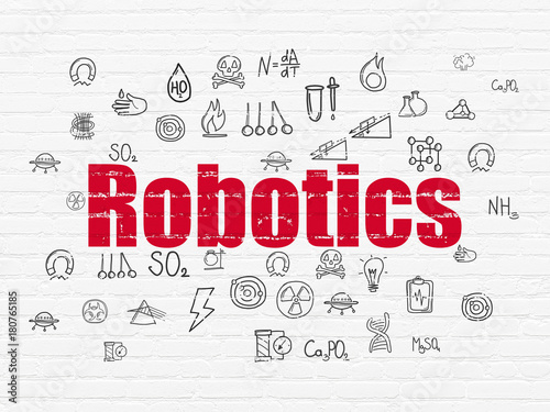 Science concept  Painted red text Robotics on White Brick wall background with  Hand Drawn Science Icons