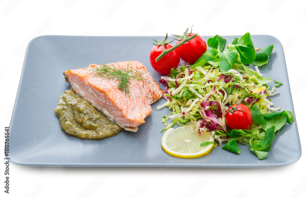 salmon fillet with sauce and mixed salad salmon fillet with sauce and mixed salad