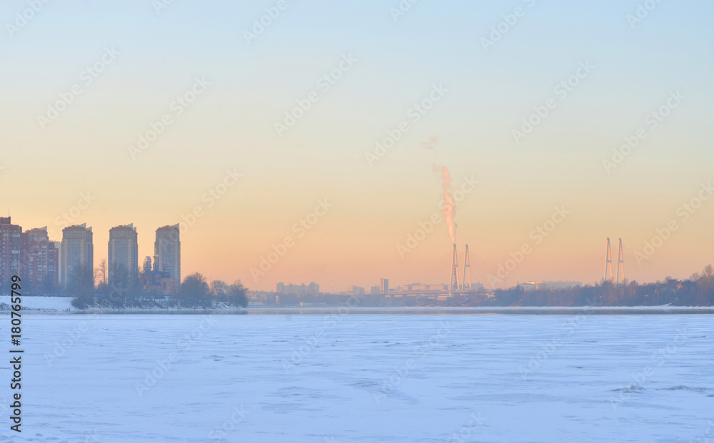 Neva river at winter sunset.