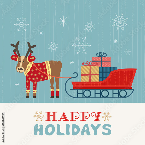 Happy holidays poster. Cute deer, Santa Claus sleigh with Christmas gift boxes. Reindeer, tobogganing presents. Colorful playful cartoon. Vector winter holiday greeting card. New Year eve fun banner