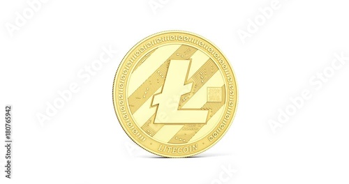 Golden Litecoin spinning counterclockwise in perfect loop isolated on white background. 4K video. 3D rendering.  photo