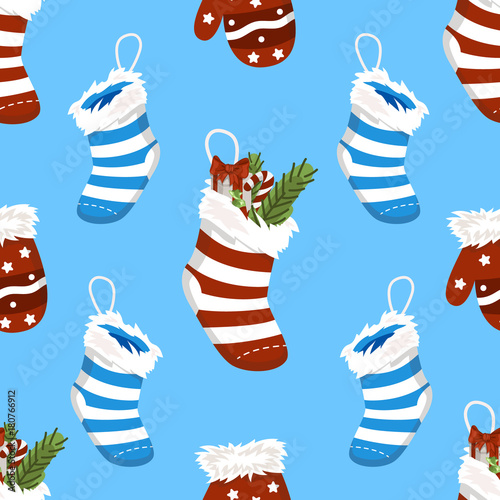 Vector illustration of Christmas socks with presents seamless pattern