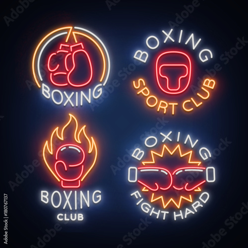 Boxing Sports Club set of logos in a neon style, vector illustration. Collection of neon signs, emblems, symbols for a sports facility on a boxing theme. Neon banner, bright nightlife advertisement
