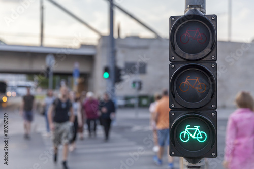 Green signal traffic light with bicycle sign