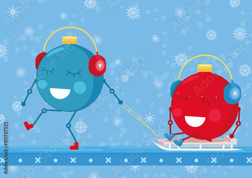 Two christmas ornament balls are playing and enjoying sledge. Christmas/New years card for 2017-2018. Simple cute illustration with cartoon characters