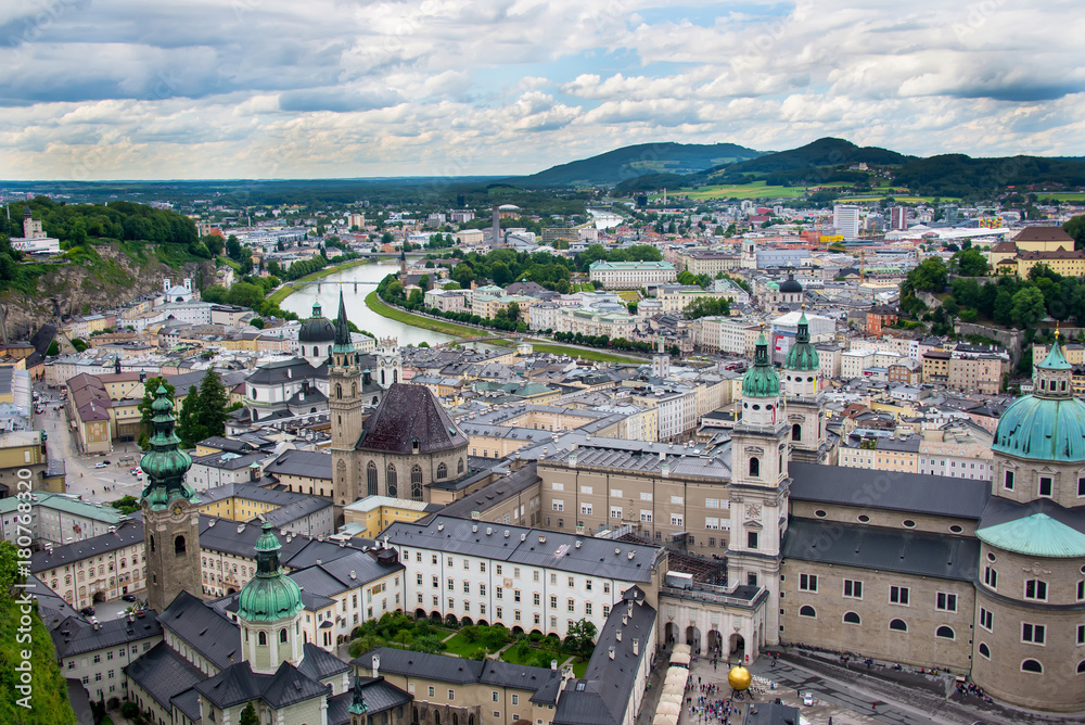 Salzburg panorama overlooking the city center and the river Salzach, Austria
