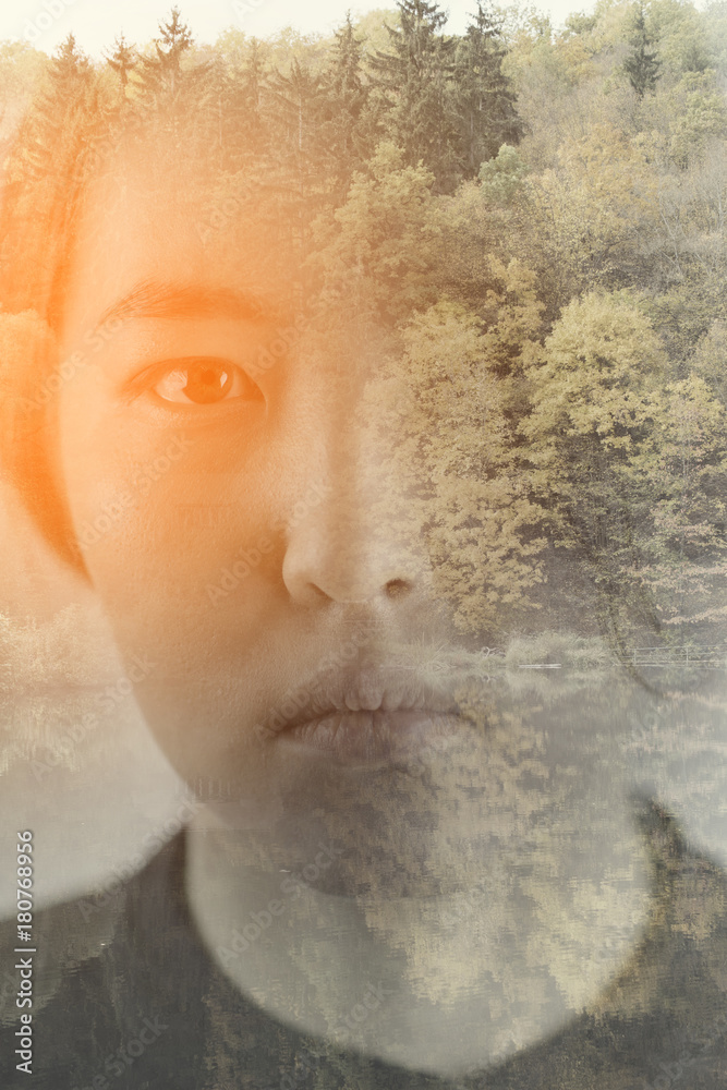 Portrait of a young woman with the effect of double exposure, nature style 