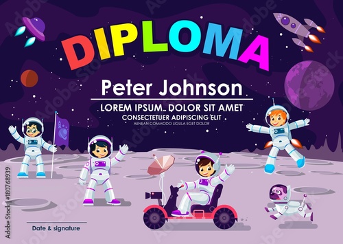 Children Diploma or Certificate Of Achievement & Appreciation Space Moon Theme Cool Vector Template. Children Astronaut in Space Adventures