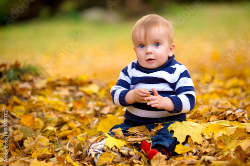 Little boy playing in yellow foliage. Autumn in the city park