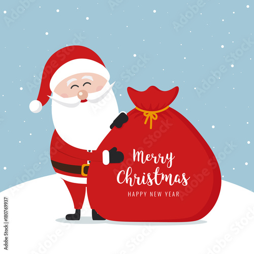 Santa claus sack merry christmas gretting text snowy background