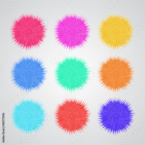 Textile fluffy pompons, wall or ceiling hanging vector decor for birthday celebrations, carnivals, kid's parties isolated on white. Cute embellishment for baby's room, toddler interior.