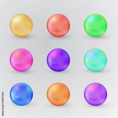 Vector 3d realistic glass multicolor sphere set  isolated on white. Glossy balls illustration for logo, advertising design or web interface buttons. Beads, pills or pearls for branding.