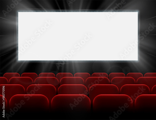 Movie cinema premiere poster design with white screen and rows of red chairs in the darkness. Empty space for branding with glowing illuminating rays of light to attract attention. Vector background.