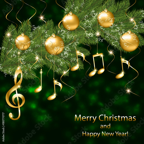 Abstract New Year background with musical notes and treble clef on a Christmas tree branch