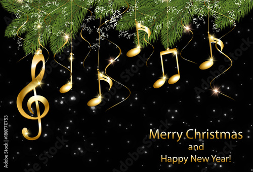 Abstract New Year background with musical notes and treble clef on a Christmas tree branch