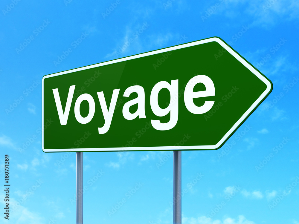 Tourism concept: Voyage on green road highway sign, clear blue sky background, 3D rendering Tourism concept: Voyage on green road highway sign, clear blue sky background, 3D rendering