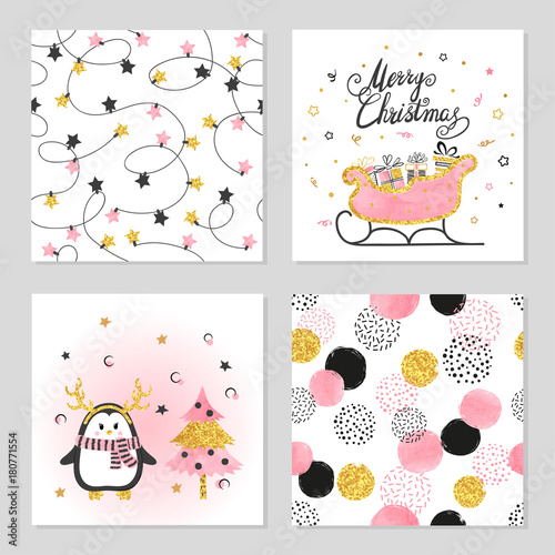 Christmas and New Year vector set with cute penguin, sleigh and patterns.