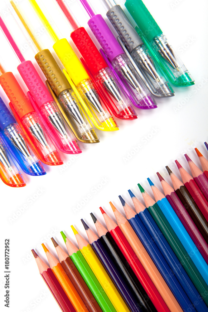 Obraz premium Various Pens and Pencils Isolated on White Background