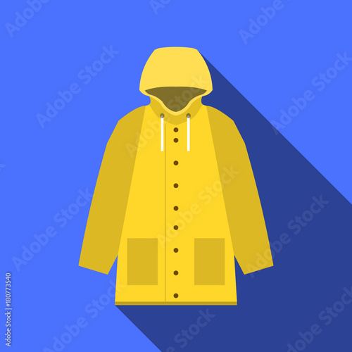 Yellow vintage raincoat icon in flat design with long shadow on blue background, EPS