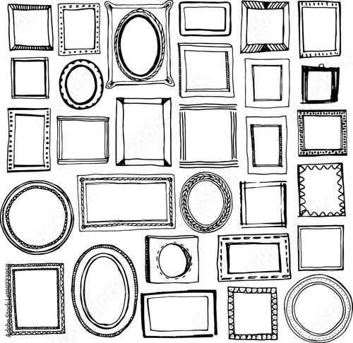 Hand drawn frames big set. Cartoon style. Vector. Round, squared and oval frames with decorative elements and simple.