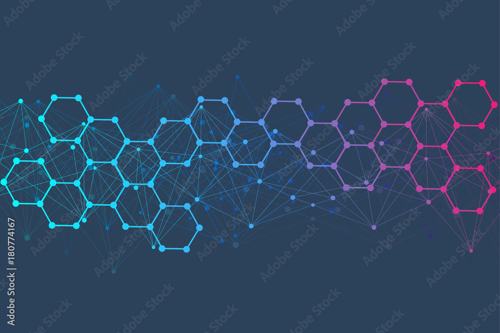 Structure molecule and communication. Dna, atom, neurons. Scientific concept for your design. Connected lines with dots. Medical, technology, chemistry, science background. Vector illustration. - obrazy, fototapety, plakaty 