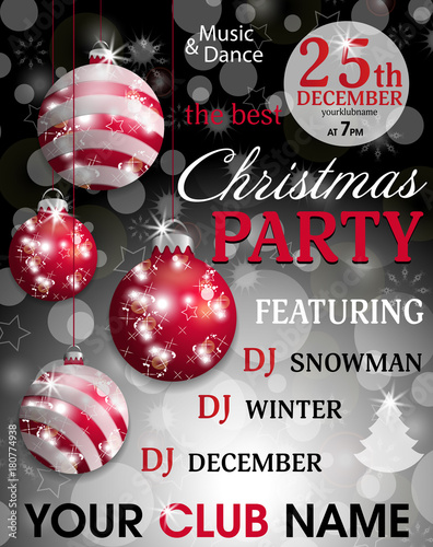 Christmas party invitation template black background with hung red baubles. Decorative balls elements for holiday design. Vector illustration. 