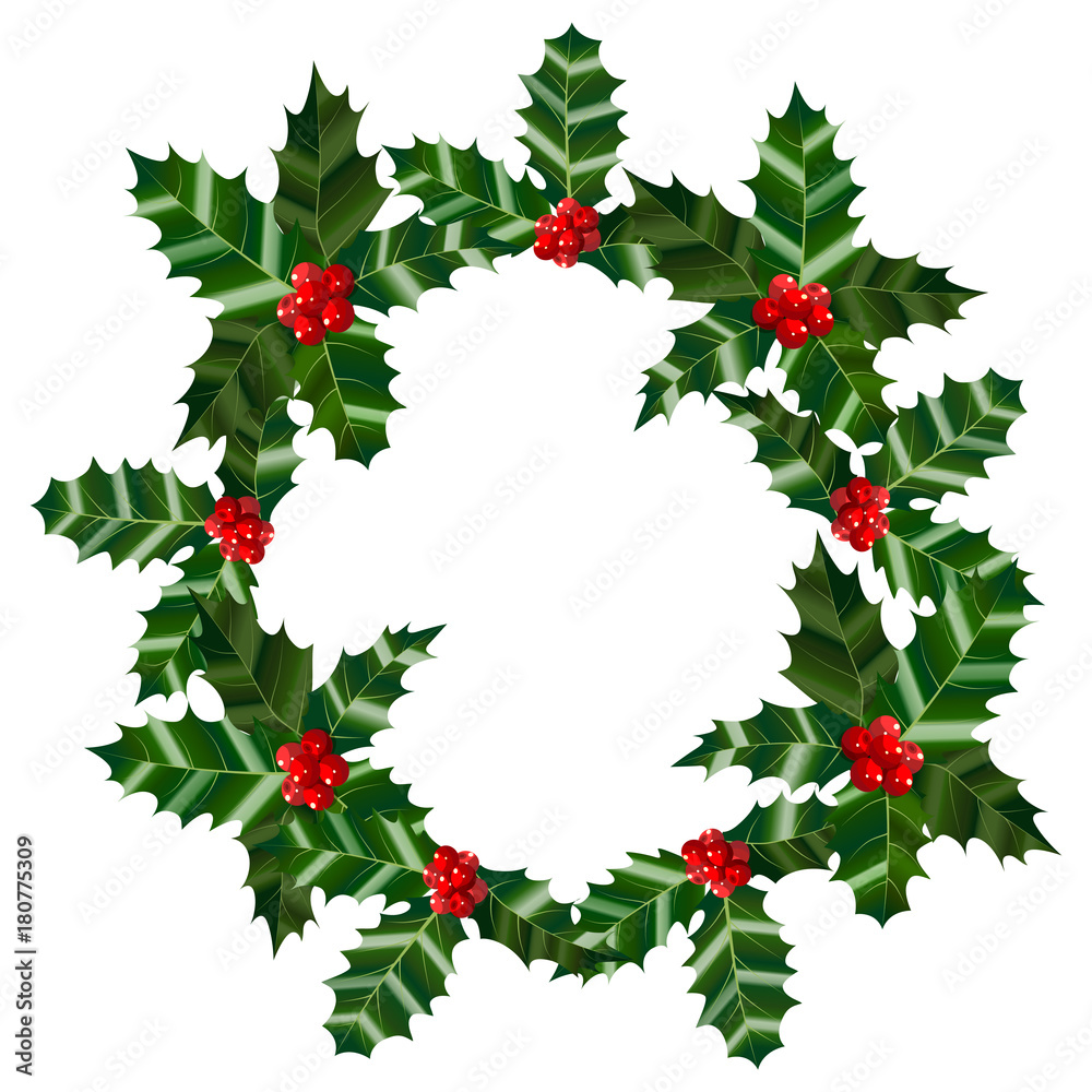Holly Round Composition. Floral Circle for Banners and Cards. Vector Illustration