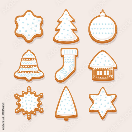 Set Christmas gingerbread with glaze: gingerbread house, snowflake, sock, Christmas tree, bell, star, new year's ball on light background. Vector illustration