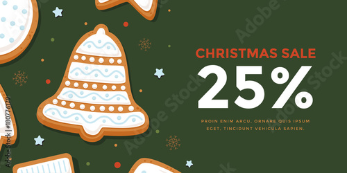 Horizontal banner Christmas sale with gingerbread bell in glaze. Template New year gift certificate and discount coupon. Vector illustration.