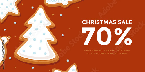Horizontal banner Christmas sale with gingerbread Christmas tree in glaze. Template New year gift certificate and discount coupon. Vector illustration.