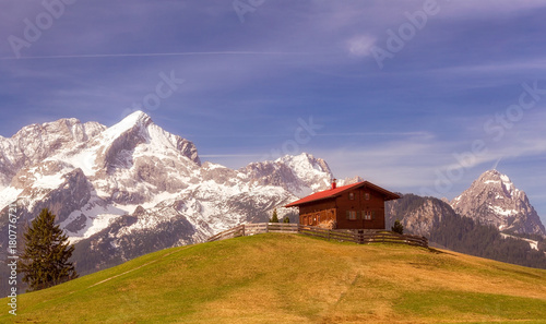Cabin in front of Zugspitze   H  tte mit Zugspitzpanorama