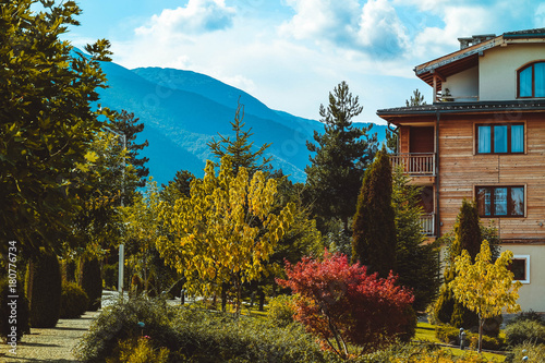 Apartments in Balkans Mountains, Europe, Bulgaria. Luxury houses at the Pirin Golf village, summertime.