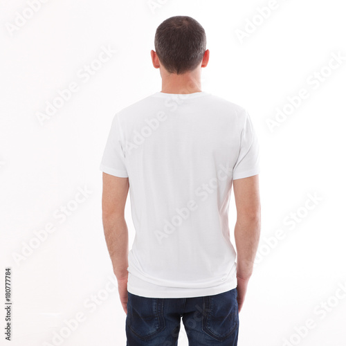 t-shirt design and people concept - close up of young man in blank white t-shirt, shirt front and rear isolated. © missty
