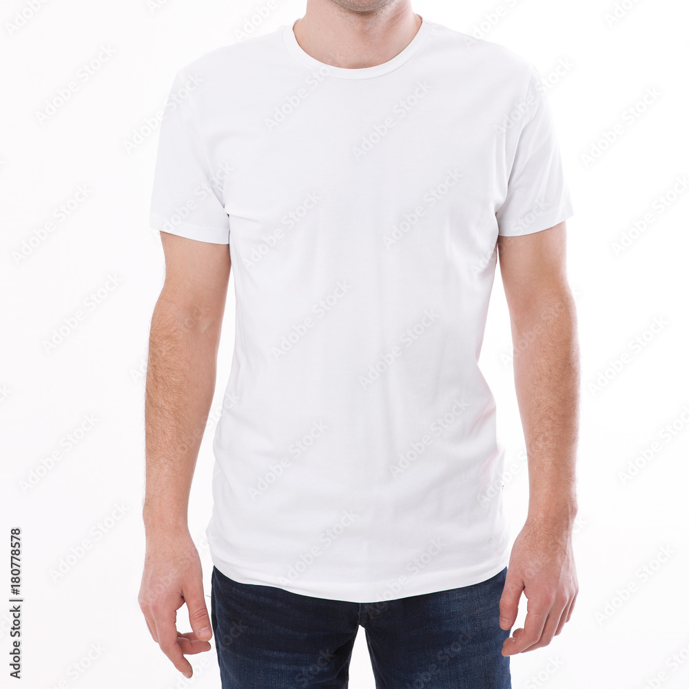 t-shirt design and people concept - close up of young man in blank white t-shirt, shirt front and rear isolated. t-shirt design and people concept - close up of young man in blank white t-shirt, shirt front and rear isolated.
