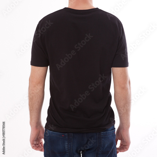 t-shirt design and people concept - close up of young man in blank black t-shirt, shirt front and rear isolated.