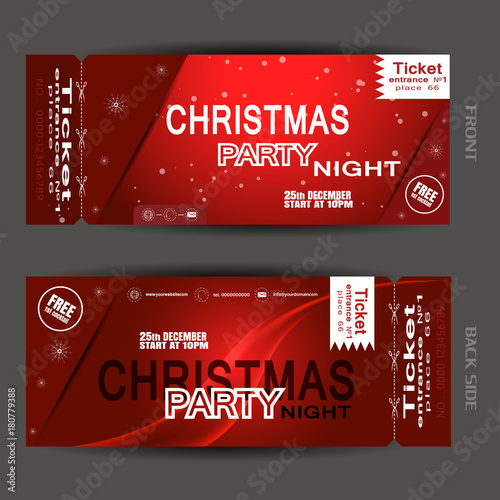 Vector set of Christmas night party ticket on the dark red gradient background with pockets, wave and snowfall.