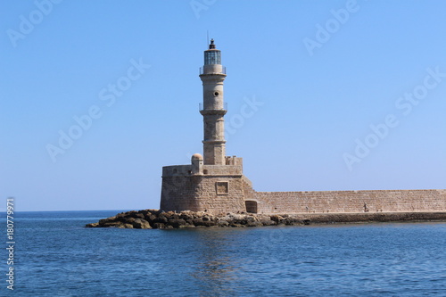 Lighthouse in the old Venetian Harbor of Chania, in Crete Island, Greece.