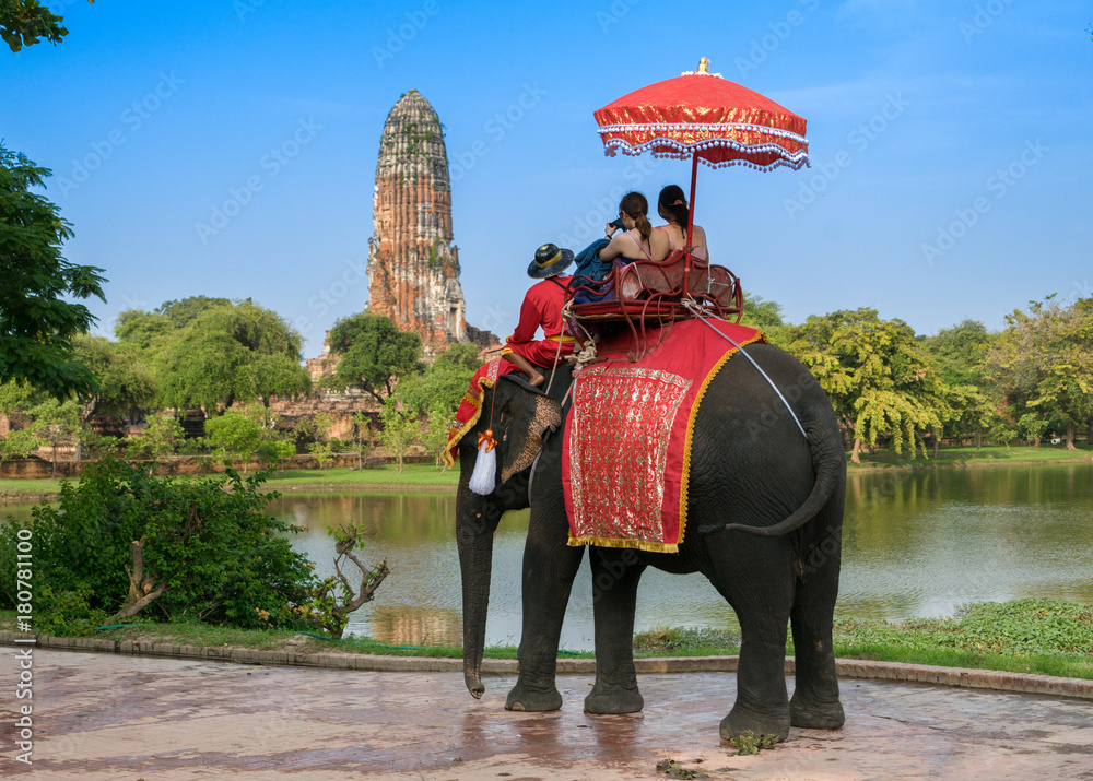 Obraz premium Tourists on an elephant ride tour of the ancient city Ayutaya ,thailand