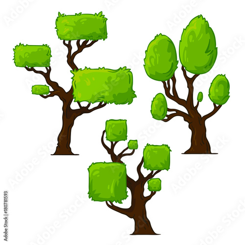 Cartoon set of trees with different forms, vector illustration isolated on white background, funny and cute trees
