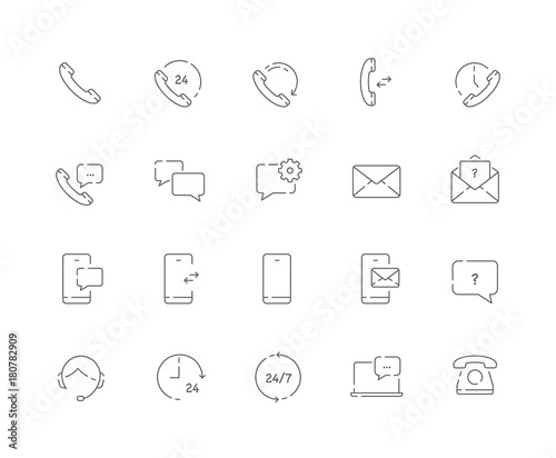 Simple set of Contacts related vector line web icons. Contains such Icons as Call us, Message, Chat and more. Editable Stroke. 48x48 Pixel Perfect.