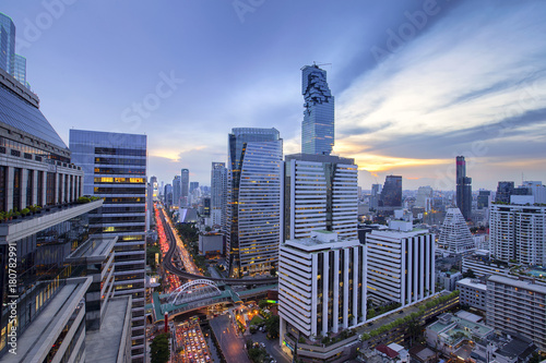 Canvas Print Aerial view of Bangkok modern office buildings, condominium in Bangkok city downtown with sunset sky ,Bangkok , Thailand,Bangkok is the most populated city in Southeast Asia