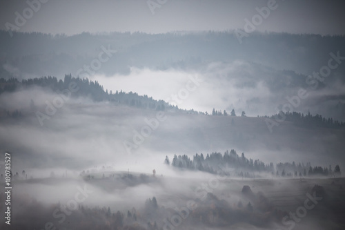 Autumn rain and mist in mountains. Morning fog over hills and forest.
