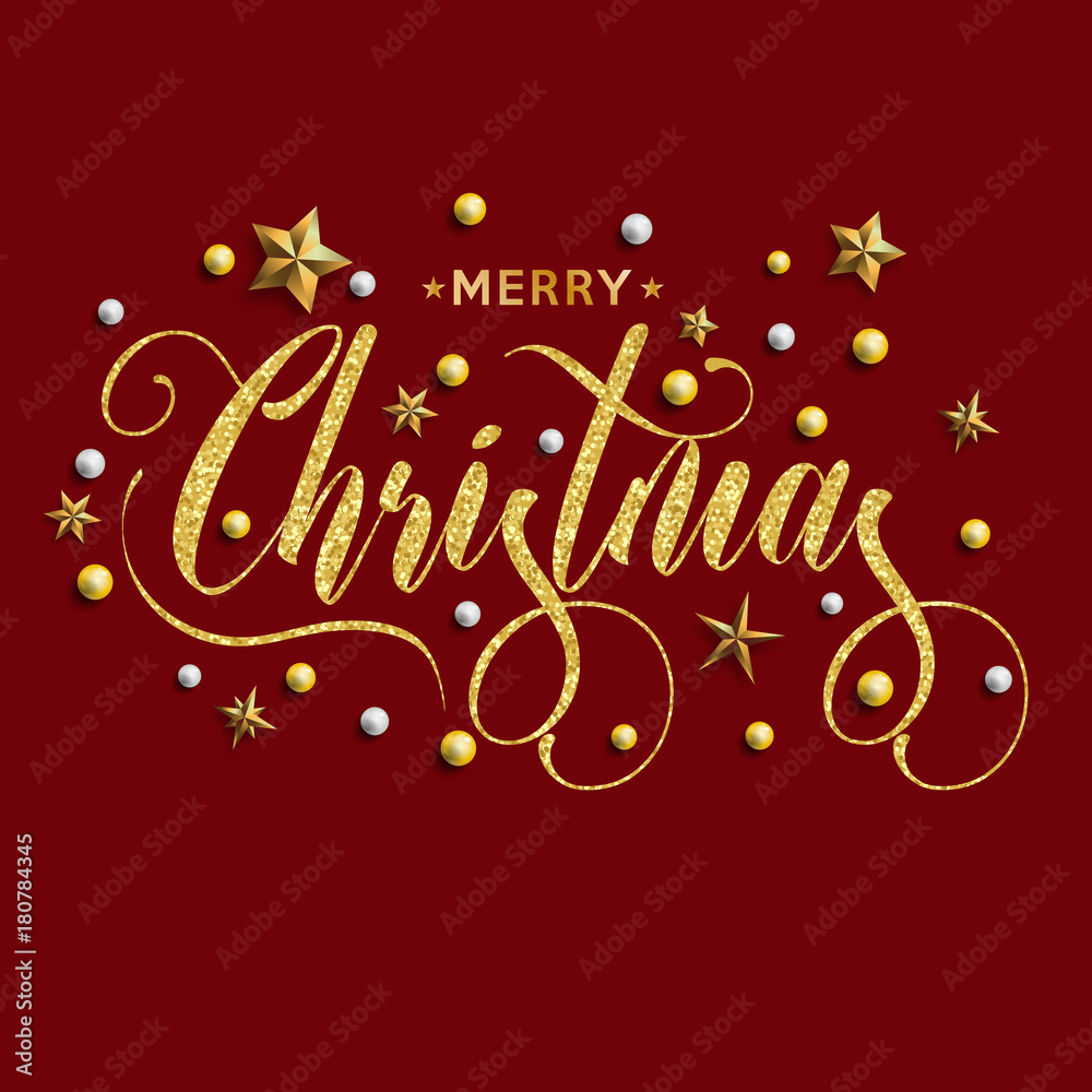 Merry Christmas inscription decorated with gold stars and beads. Vector illustration.