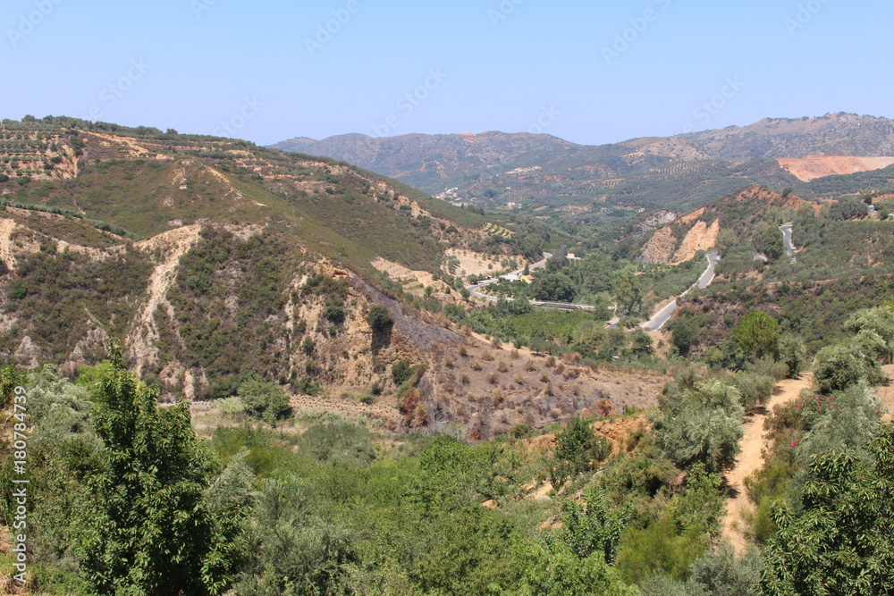 Landscape with olive trees, hills and fields in Fournes, western inner part of Crete Island, Greece.