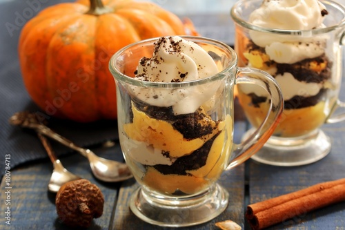 Homemade Pumpkin Mousse Parfait / Thanksgiving dessert, selective focus