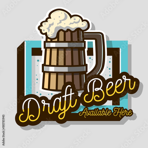 Draft Beer Wooden Mug Or A Tankard Of Beer With Foam Illustration. Sign Design For Promotion. Vector Graphic.