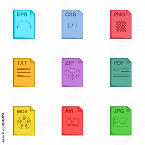 File extension icons set, cartoon style